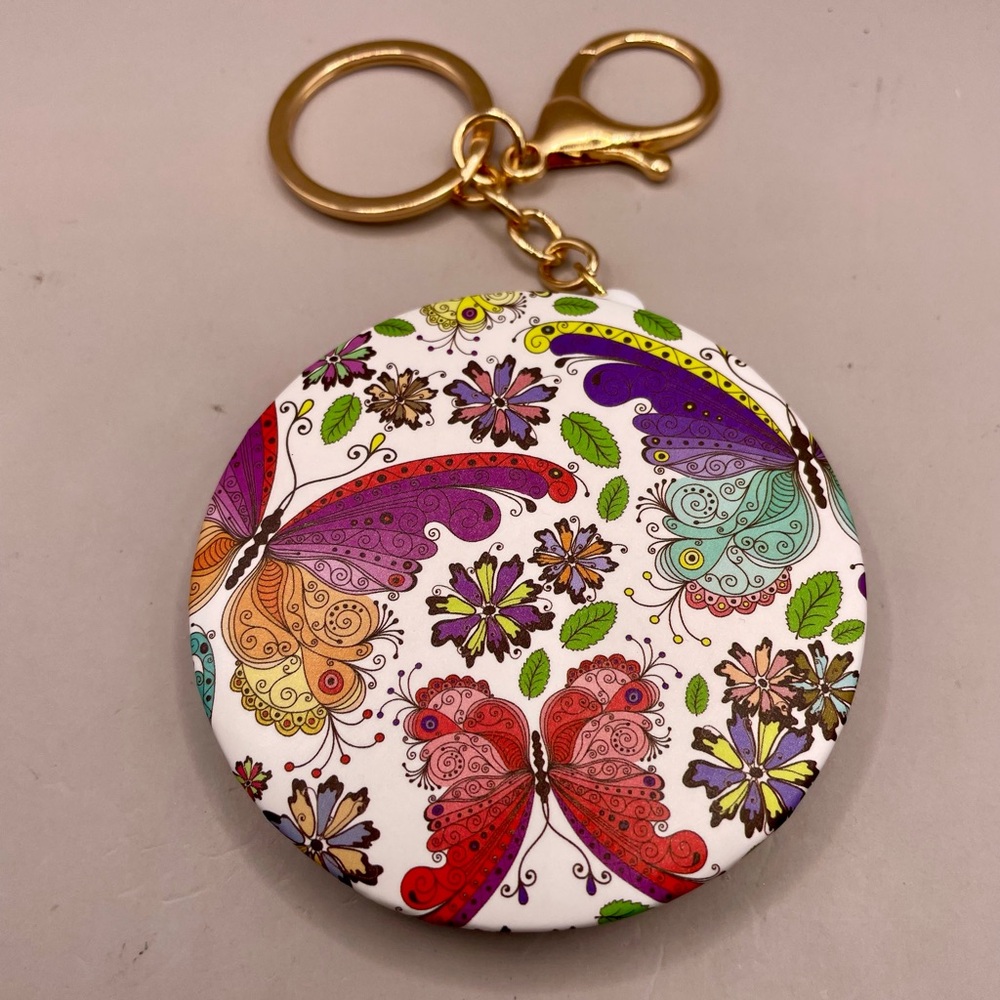 Butterfly floral compact mirror keychain. Keyring purse bag backpack charm